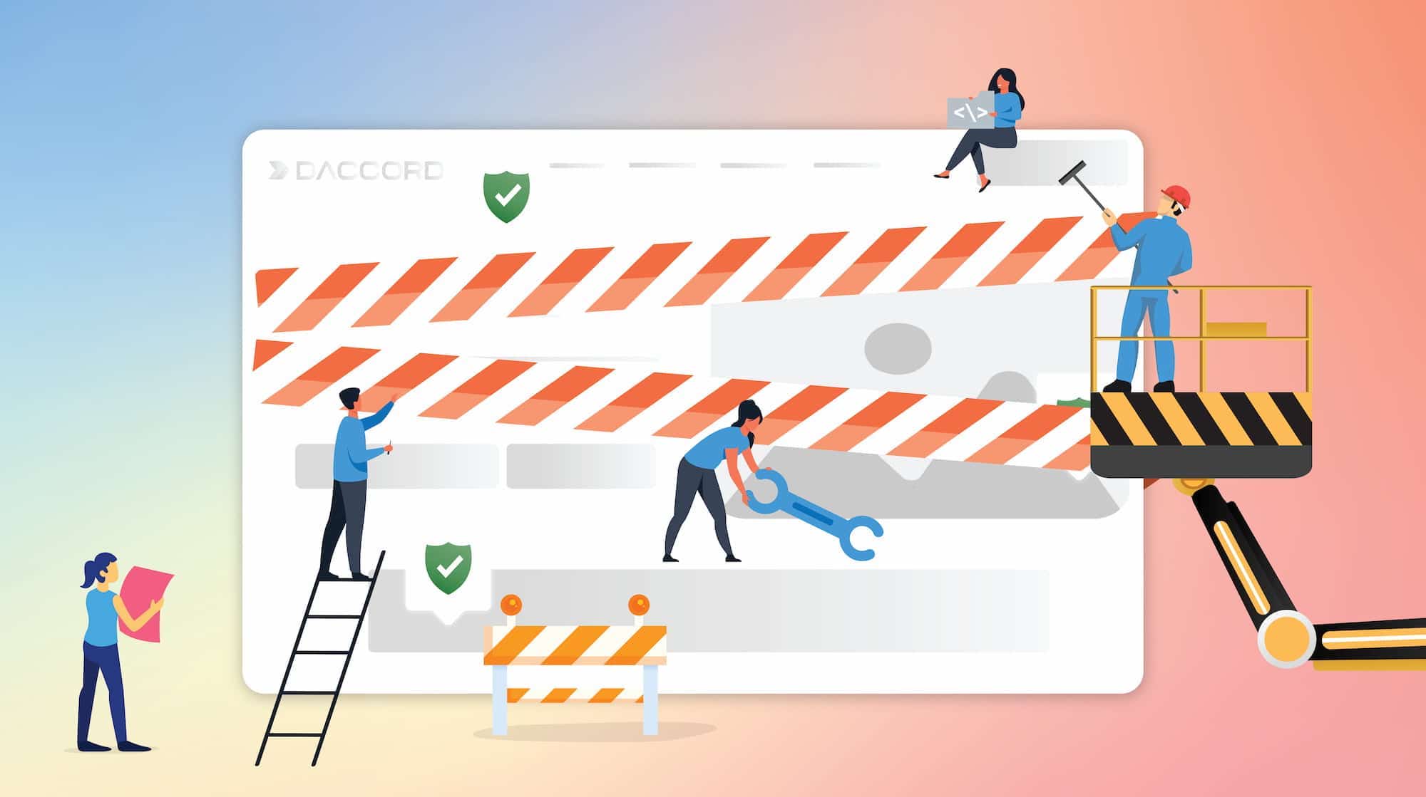 ein paar Personen die an einer abstrakten Webseite Wartungsarbeiten durchführen.